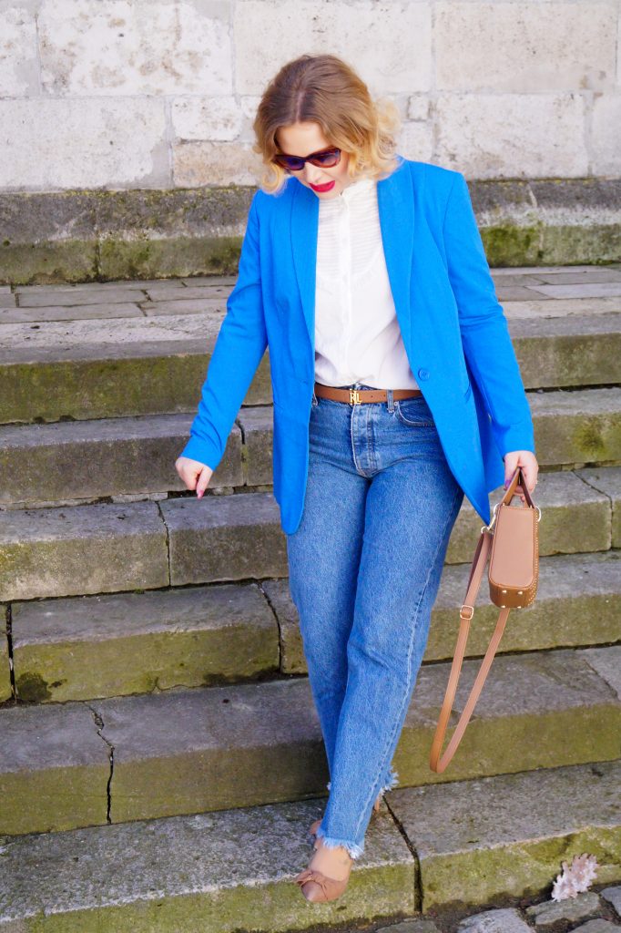 Cobalt Blue Oversized Blazer Jacket + Mini Studded Crossbody Bag