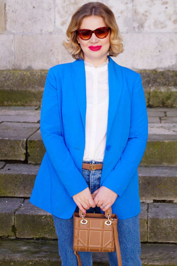 Cobalt Blue Oversized Blazer Jacket + Mini Studded Crossbody Bag