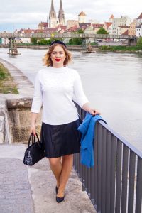 date night look, scalopped coat, blue coat, spring coat, feminine look, black and white, pearl shirt, leather skirt