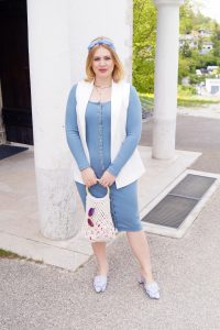 midi dress, ribbed dress, buttoned dress, business casual, summer business, macrame, striped mules, heandband, baby blue