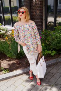 off-shoulder shirt, off shoulder, flowers, summerstyle, summer, outfit, daily look, trends 2019, wicker tote, red, heart eye sunglasses, designer dupe sunglasses