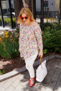 off-shoulder shirt, off shoulder, flowers, summerstyle, summer, outfit, daily look, trends 2019, wicker tote, red, heart eye sunglasses, designer dupe sunglasses