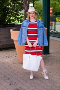 striped dress, stripes, red white and blue, raffia, wicker, sun hat, oversized denim jacket, denim, 4th of July inspo, casual style, casual