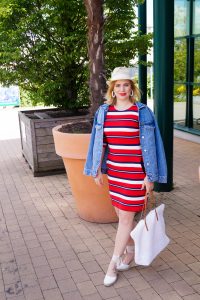 striped dress, stripes, red white and blue, raffia, wicker, sun hat, oversized denim jacket, denim, 4th of July inspo, casual style, casual