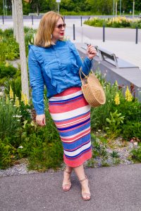 chambray, ruffles, stripes, knitted skirt, sumer style, summer 2019, raffia bag, midi skirt, H&M, colorful stripes, red white and blue