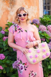 one shoulder, maxi dress, summer dress, pink, flower print, vacation dress, fashion blogger travels, summer style, summer 19, lake garda