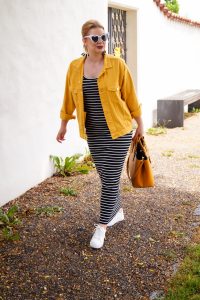 maxi dress, striped dress, summer style, transition style, white sneaker trend, heart shaped sunglasses, black and white, yellow for fall, fashion blogger, Madame Schischi