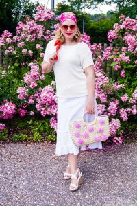 summer style, summer 19, all white, summer whites, pink, fashionblogger, satin scarf, hair style