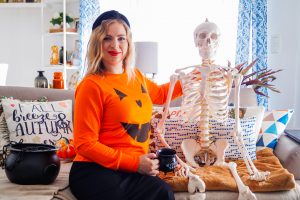 halloween, skeleton, candy, cauldron, pumpkin shirt, happy halloween, decor, spooky decroation