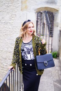 leopard print cardigan, casual work look, fall look, autumn styles, fashionblogger, Madame Schischi, headband, two-tone slingbacks