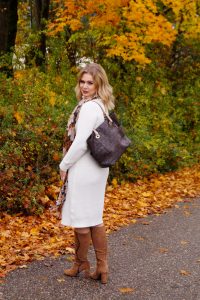 knit dress, off-white, fall style, autumn fashion, fall, brown and white, suede boots, Michael Kors, fall leaves, soft waves