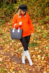 fashion, fashionblogger, fall, fall fashion, autumn, style blogger, snake print, orange sweater, baker boy trend, snake print boots