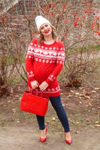 christmas sweater, christmas, holiday style, dress the bump, bumpstyle, maternity style, chrsitmas red, reindeers, ugly sweater, tis the season, dress festive