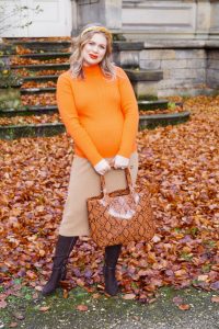 fashion blogger, fashion, snake print, maternity style, pregnant, dress the bump, bump style, orange and beige, winter style