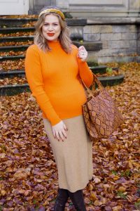 fashion blogger, fashion, snake print, maternity style, pregnant, dress the bump, bump style, orange and beige, winter style