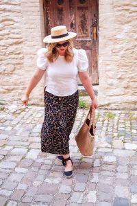 fashionblogger, chain print skirt, puff sleeve blouse, straw hat, summer, summer style, how to style, what to wear, black and white, straw accessories