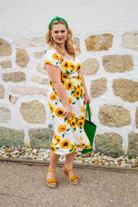 fashionblogger, fashion, style blogger, sunflower print, off-shoulder dress, flower print dress, summer, what I wear, ootd, how to style