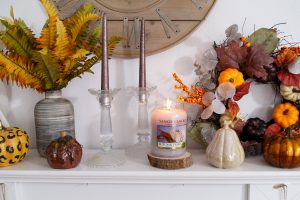 home decor, fall decor, fall, autumn, autumn decoration, leopard print, pumpkins, cozy home, candles trimming, yankee candle