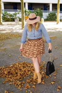 fashionblogger, fashion, fall fashion, autumn style, casual style, ootd, what I wear, how to style, tiger print, denim shirt, suede booties
