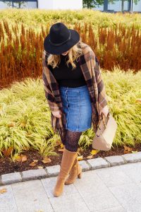 fashionblogger, fashion, fall fashion, autumn style, casual style, mom style, ootd, what I wear, how to style, plaid blanket scarf, body suit and denim, Katie Loxton, Thanksgiving oufit