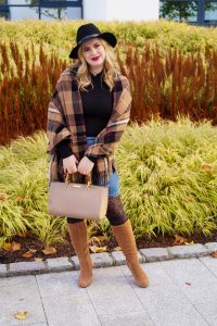 fashionblogger, fashion, fall fashion, autumn style, casual style, mom style, ootd, what I wear, how to style, plaid blanket scarf, body suit and denim, Katie Loxton, Thanksgiving oufit
