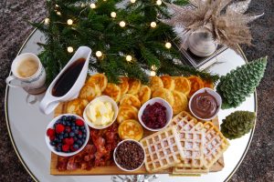 food, breakfast, breakfast board, waffles, pancakes, breakfast ideas, christmas time, christmas morning