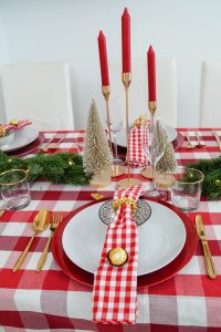 table scape, rustic holiday theme, red and gold, christmas dinner, christmas, holiday, christmas holidays, fresh fir, fir garland, red gingham