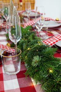 table scape, rustic holiday theme, red and gold, christmas dinner, christmas, holiday, christmas holidays, fresh fir, fir garland, red gingham